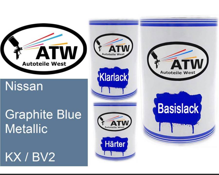 Nissan, Graphite Blue Metallic, KX / BV2: 500ml Lackdose + 500ml Klarlack + 250ml Härter - Set, von ATW Autoteile West.